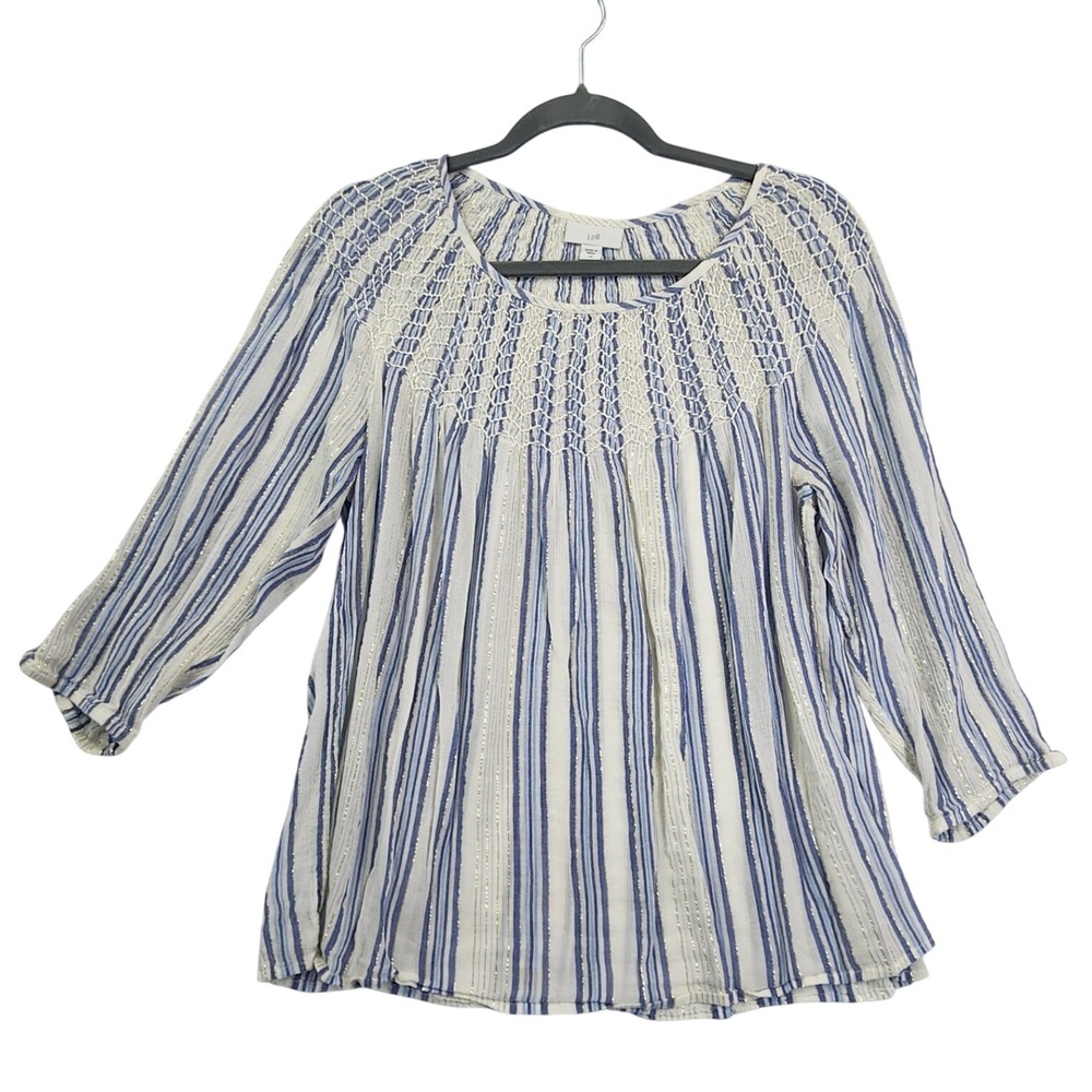 J. Jill Blue White Striped Smocked Metallic Boho Coastal Grandma Blouse Medium P